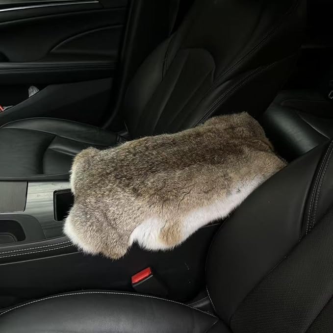 Car Center Console Cover Natural Tanned Rabbit Hide Skin Pelt Soft Fluffy Fur Car Armrest Cover Cushion Protector Auto Center Console Pad for Car Arm Rest Storage Box Interior Decoration