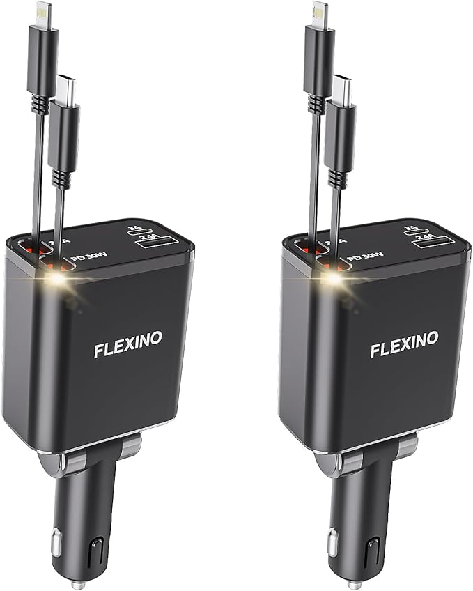 Flexino Retractable Car Charger for iPhone 16, 69W Fast Charging Car Charger USB C, Car Chargers with 2 Retractable Cords 2.6ft, Car Adapter for iPhone 16/15 Series, Galaxy(Grey, Dual Type C)