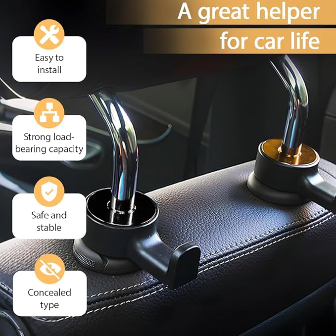HZEL 2PCS Car Headrest Hidden Hook, 360° Rotation Vehicle Seat Hanger for Purse Backpack Cloth, Auto Interior Head Rest Storage Organizer Accessories, Universal for SUV Sedan Truck (Gold)