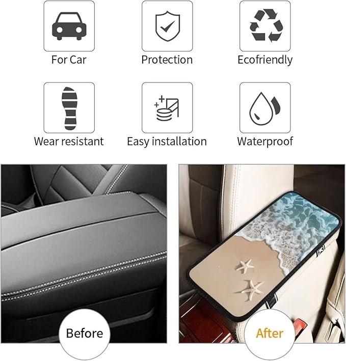 Car Center Console Cover Beach Starfish Print Armrest Cover Cushion Ocean Theme Scratch Resistant Car Center Console Cushion Pad Coastal Seascape Arm Rest Cover