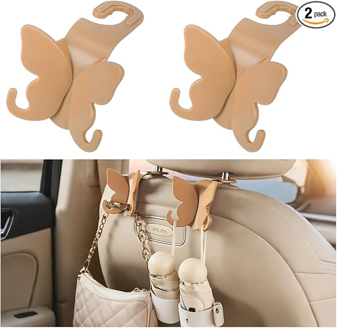 2PCS Car Seat Headrest Hook, Cute Butterfly Backseat Storage Hanger Organizer for Purse Handbag Umbrella, Auto Interior Seat Back Hook Holder Decor, Universal for SUV Truck Van (Brown)