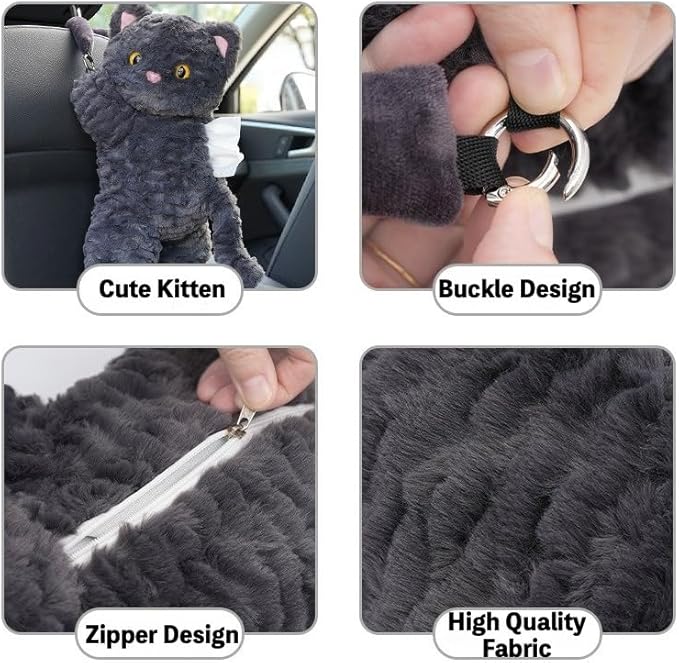 Cute Cat Car Tissue Holder Plush Kitten Paper Box for Backseat Adorable Hanging Organizer & Decor for Women Pet Lovers & Gifts (White)
