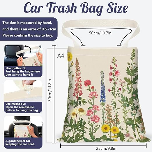 Various Wildflowers Print Car Trash Bag Portable Waterproof Hanging Garbage Bag with Snap Buttons Back Seat Rubbish Storage Dustbin for Car Interior Accessories Kitchen Home Travel