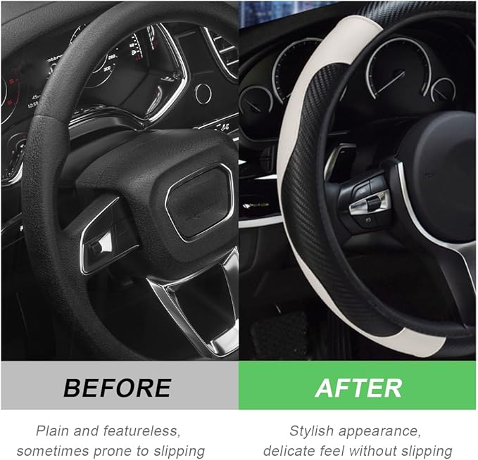 Car Steering Wheel Cover, 15 Inch Carbon Fiber Leather Stitching Color Steering Wheel Protector, Anti-Slip Elastic Breathable Steering Wheel Cover Stylish Decor for Most Cars (Black & White)