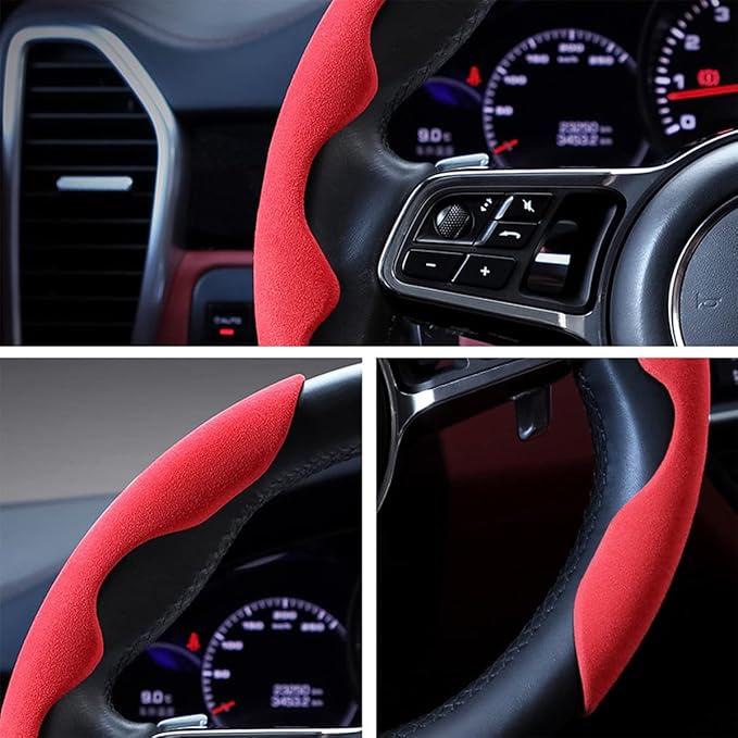Car Steering Wheel Cover, Microfiber Suede Leather and Carbon Fiber Double Sided Design, Warm in Winter and Cool in Summer, Breathable Non Slip Segmented Protector for Most Cars (Turn Fur/Red)