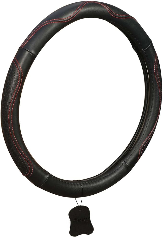 KAFEEK Genuine Leather Steering Wheel Cover 15 inches, Pure Cowhide Steering Wheel Cover Men Women, Car Accessories for Car SUV Truck, Black with Red line