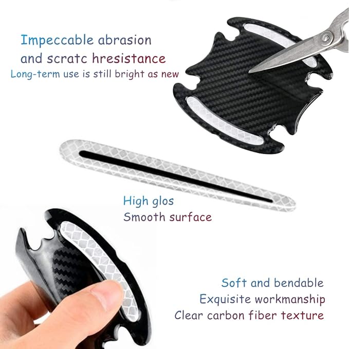 8pcs Universal 3D Carbon Fiber Texture car Door Handle Door Bowl Paint Scratch Protector Protective Cover Protective Film car Outdoor Safety Decoration Reflective Strip(Diamond White)