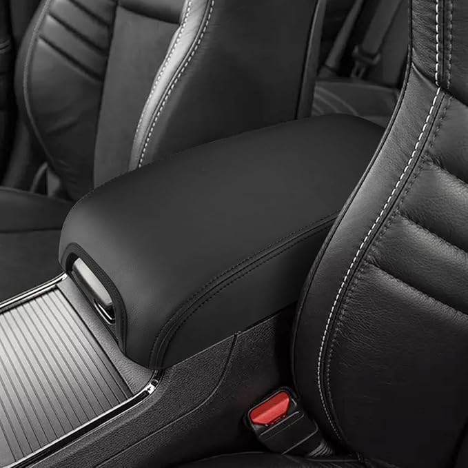 INTGET Center Console Cover for Dodge Charger Accessories 2011-2020 2021 2022 2023 for Chrysler 300 2015-2022 Leather Console Lid Protector Cushion Pad(Black Stitches, Without Pattern)