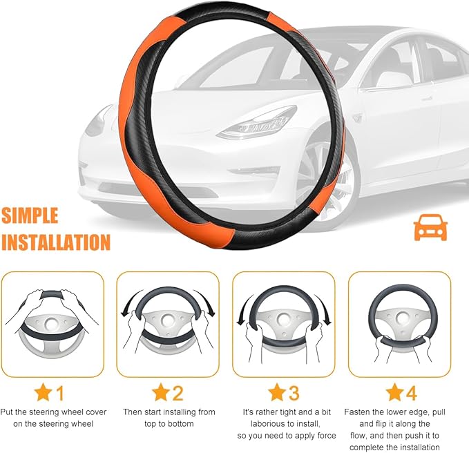 Carbon Fiber Car Steering Wheel Cover, 14.5-15 Inch Elastic Stretch Steering Wheel Guard, Sports Style Non-Slip Automotive Interior Accessories, Universal for Vehicles (Black/Orange)