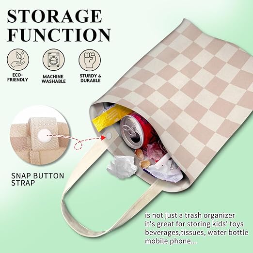 Car Trash Can, Cute Car Trash Bag, Hanging Car Organizer and Storage Bag, Trash Bin for Car Accessories, Vehicle, Travelling, Camping Cute Champagne Checkerboard