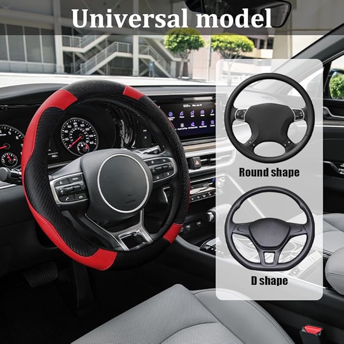 Car Steering Wheel Cover, Steering Wheel Protector, 15 inch Durable Leather Cover with Anti-Slip Lining, Universal Carbon Fiber Microfiber Leather Car Accessories for Most Cars (Black&Red)