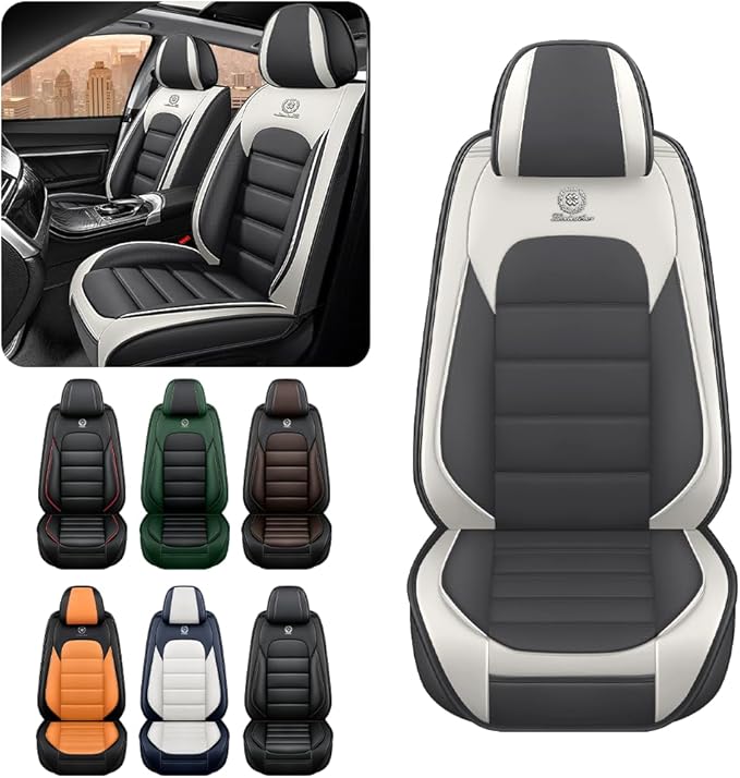 Iceleather Car Seat Covers for Ford Edge 2007-2025,Waterproof Soft Breathable PU Leather Seat Cover with Storage Pockets(Gray&White,Front Set)