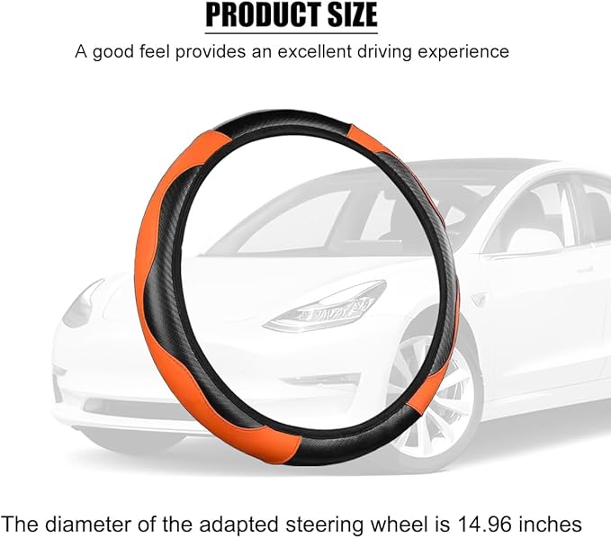 Carbon Fiber Car Steering Wheel Cover, 14.5-15 Inch Elastic Stretch Steering Wheel Guard, Sports Style Non-Slip Automotive Interior Accessories, Universal for Vehicles (Black/Orange)