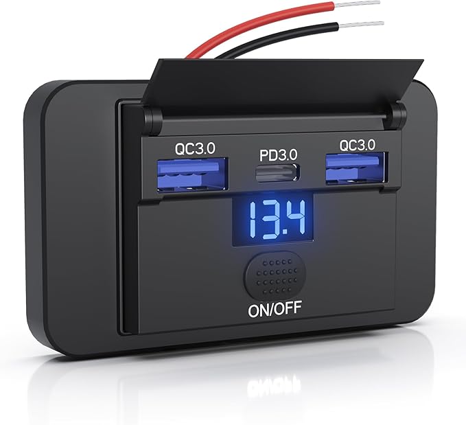 72W 3 Ports 12V RV USB Switch Outlet with Voltmeter, 36W PD3.0 Type-C Quick Charge + 2*18W QC3.0 Panel Wall Mount Car Charger Socket Automotive Multi-Port Adapter for ATV Marine Truck Boat Bus