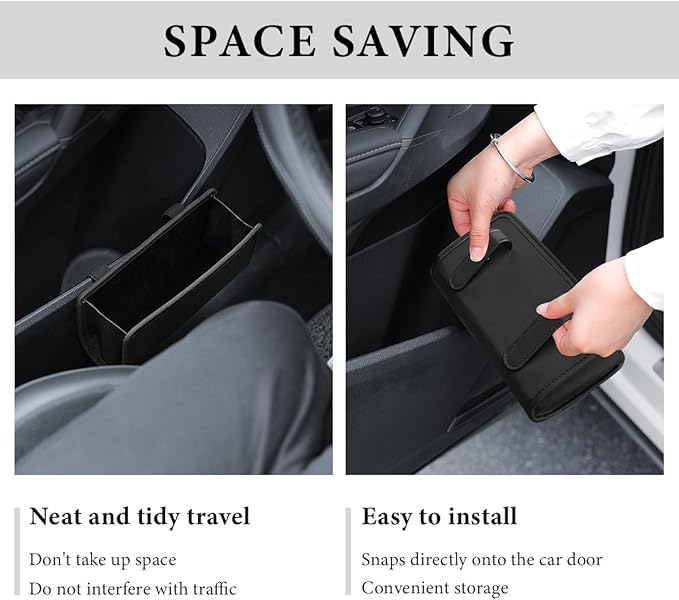 Car Trash Can, Foldable Small Hanging Trash Bin Waterproof Car Door Organizer, Multi-Function Leather Garbage Bag Mini Storage Can for Vehicle Back Seat & Side Door (Black)