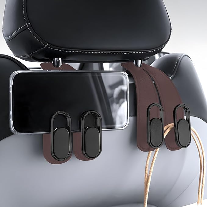 Car Seat Headrest Double Hook, 2PCS Multifunctional Soft Leather Vehicle Purses & Bags Holder, Hidden Design Automotive Interior Storage Hanger, Universal for SUV, Truck, RV (Brown)