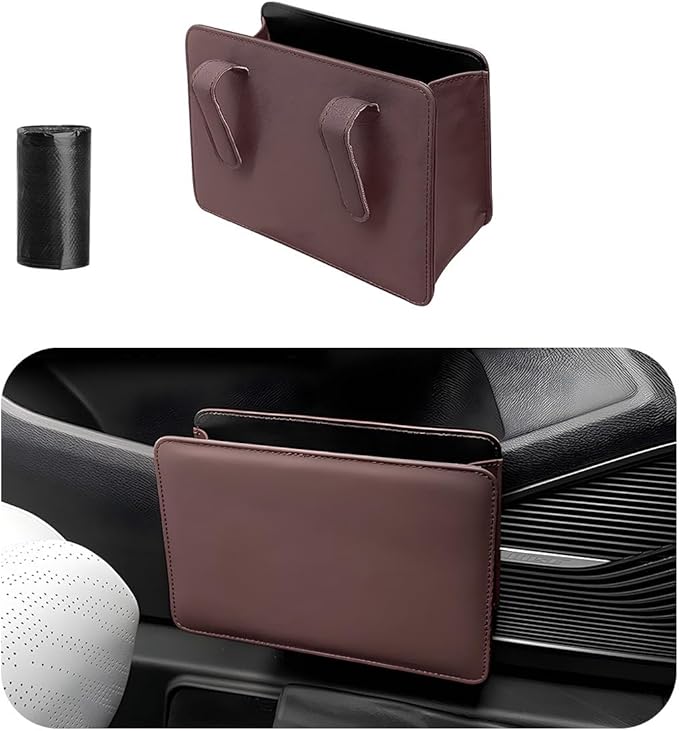 Car Trash Can, Foldable Waterproof Leather Car Garbage Organizer Holder, Automotive Mini Dustbin Container with One Roll Trash Bag, Universal Interior Car Accessories (Dark Brown)