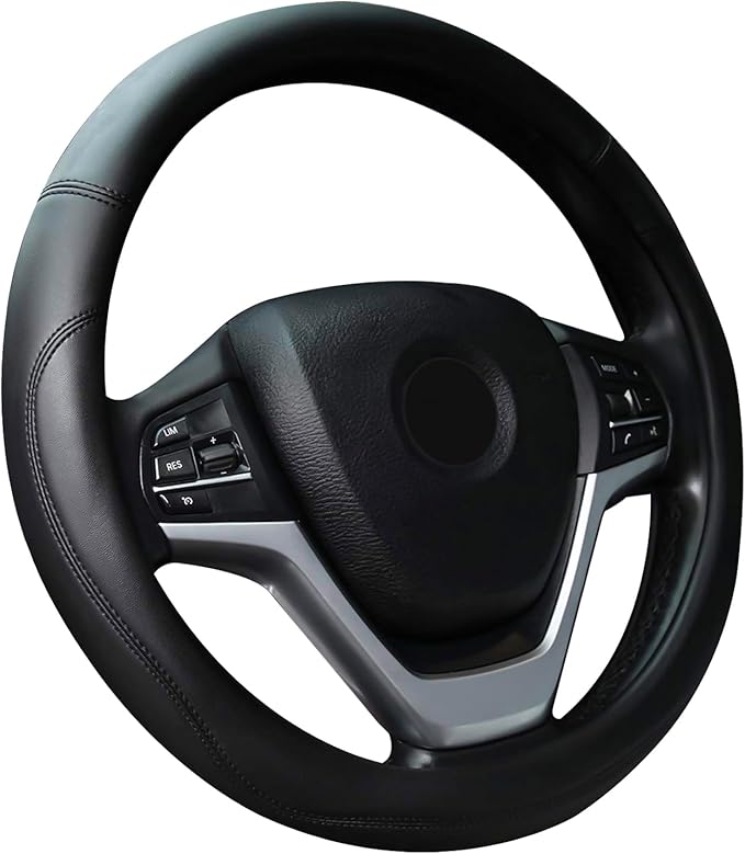 Black Car Steering Wheel Cover, Nappa Leather, Bottom Color Blocking, Fashionable Sporty Style, Universal 14.5-15 Inch Leather Anti-Slip Breathable Auto Steering Wheel Covers for Men Women