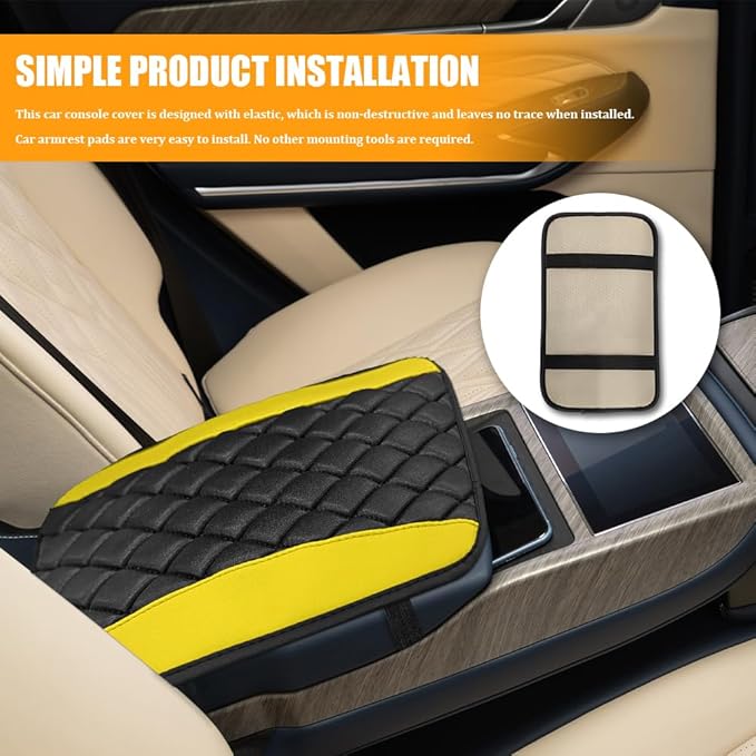 Car Center Console Cover, Leather Waterproof Armrest Seat Box Cushion Pad, Universal Decor Protector Mat, Comfortable Car Decor Accessories Fit for Most Cars, Vehicles, SUVs (Yellow)