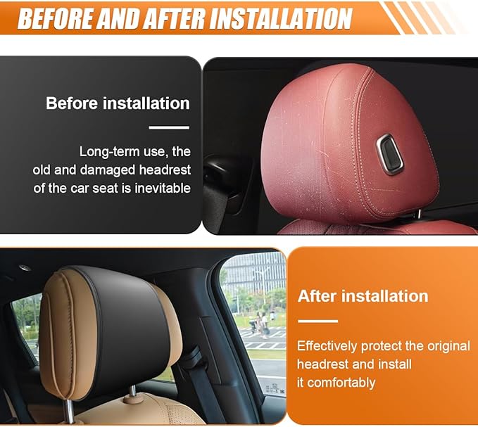 2PCS Car Headrest Covers for Back Seat, Leather Dirt-Proof Car Seat Head Rest Protector with Pocket, All Season Universal Auto Interior Decoration Headrest Organizer for Phone, Key (Black)