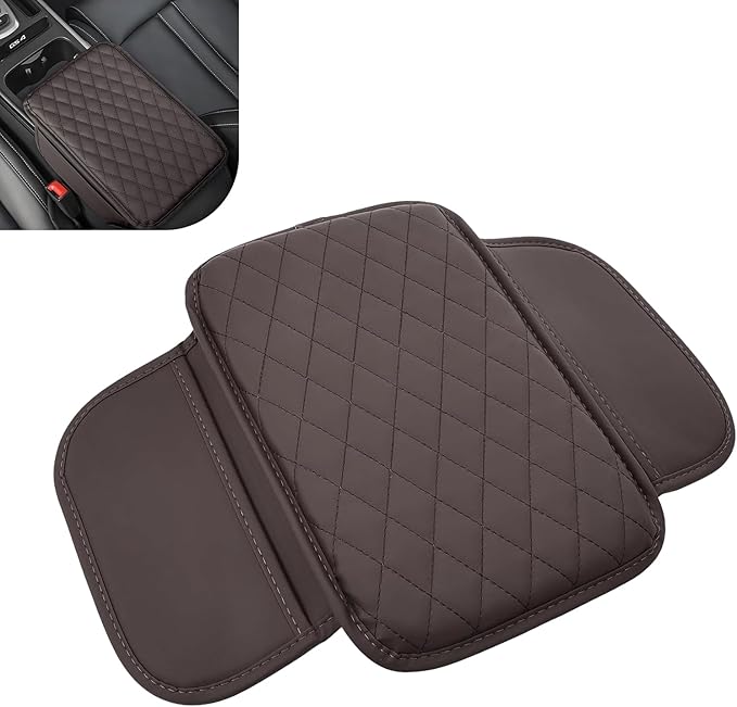 Center Console Cover, Microfiber Leather Arm Rest Cover Cushion with 2 Storage Bags, Middle Console Protective Cover, Car Accessories for Women, Universal for Trucks, Cars, SUVs (Brown)