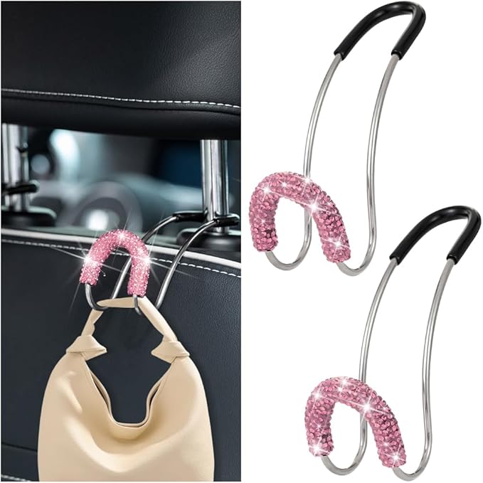 Bling Car Headrest Hook, 2PCS Crystal Rhinestone Vehicle Seat Purse Bag Organizer Hanger, Diamond Automotive Backseat Storage Holder Hook Accessories, Universal for SUV Truck Van (Pink)