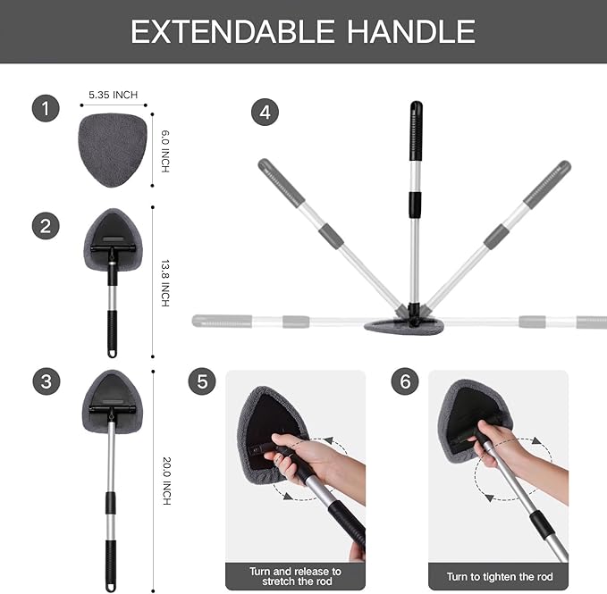 10pcs Windshield Cleaner Tool, Car Window Cleaning Wash Kit with 4 Reusable Microfiber Pads 1 Spray Bottle and Extendable Handle Auto Glass Wiper Kit, Gray