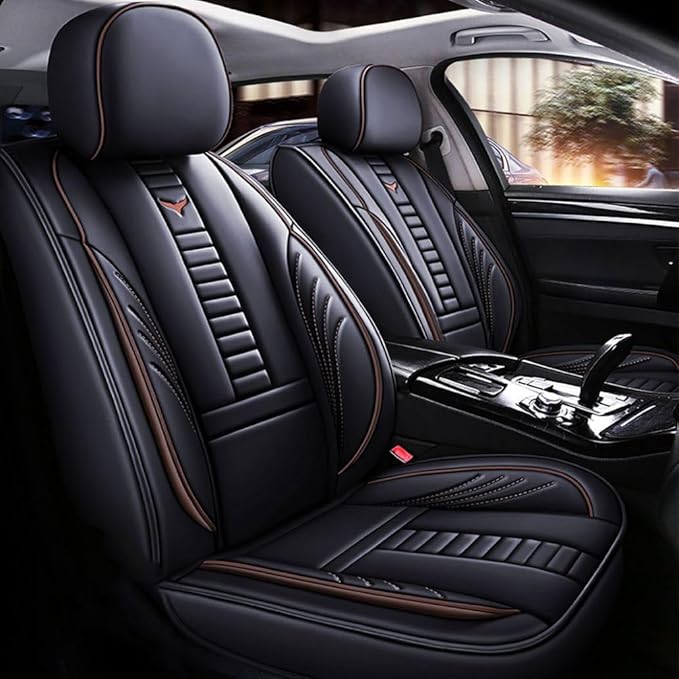 Niscarda Custom Front Car Seat Cover for Volkswagen Taos 2022-2024, Breathable Leather Seat Cushion with Storage Pocket Airbag Compatible (Black and Coffee, Front Pair)