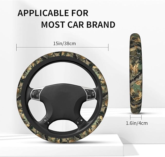 Camouflage Forest Steering Wheel Cover Elastic Non-Slip Car Steering Wheel Covers with Seat Belt Shoulder Pad for Women Men