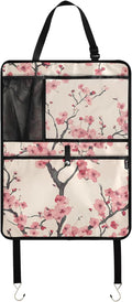JIPONI Car Backseat Organizer, Japan Cherry Blossoms Automotive Back Seat Protector, Kick Mats with Storage Pockets for Kids Pets, Road Trip Accessories