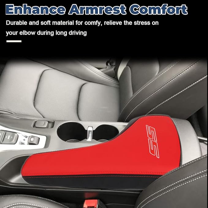 BOYOUS Armrest Cover Center Console Pad Full Protection Console Leather Arm Rest Interior Accessories Fit for Chevrolet Camaro 2016-2024-Red+Black