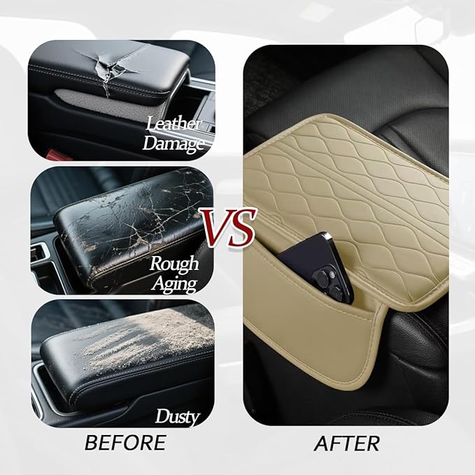 HZEL Car Center Console Cover, Scratch & Wear Resistant Soft Leather Vehicle Armrest Seat Box Cushion Pad with 2 Storage Bag, Waterproof Automotive Interior Protector, Universal Fit (Beige)