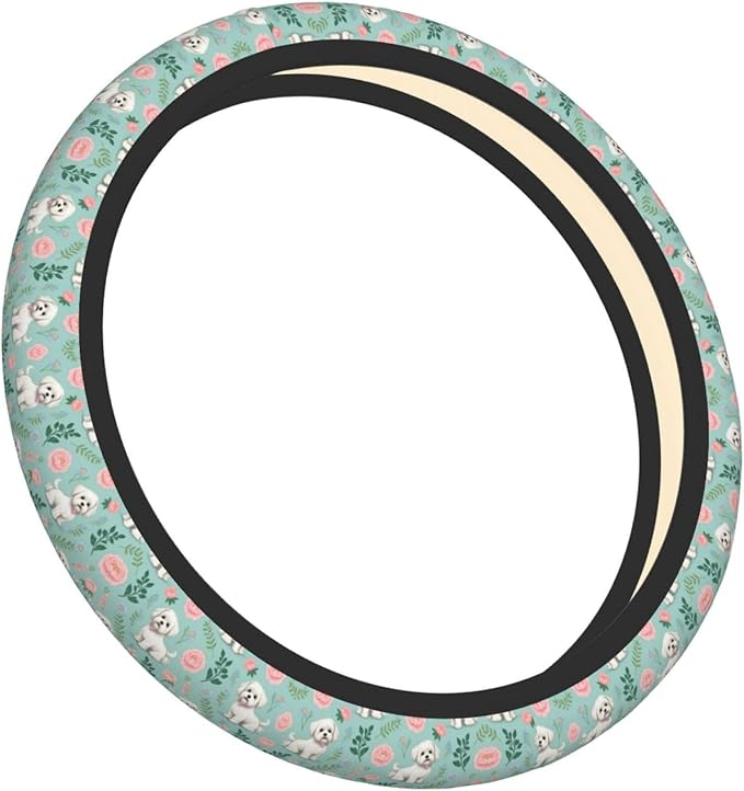 Maltese Floral Universal Fit Steering Wheel Cover for Car, Truck, and SUV, Durable Steering Wheel Protection