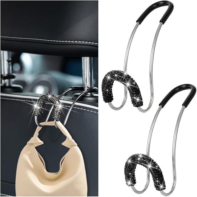 Bling Car Headrest Hook, 2PCS Crystal Rhinestone Vehicle Seat Purse Bag Organizer Hanger, Diamond Automotive Backseat Storage Holder Hook Accessories, Universal for SUV Truck Van (Black)