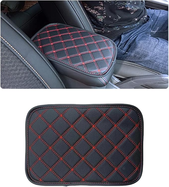 Ziciner Car Leather Center Console Cushion Pad, Comfortable Waterproof Armrest Seat Box Cover Protector, Auto Interior Protection Accessories, Universal for Most Vehivles, SUV,Truck (Black/Red Line B)