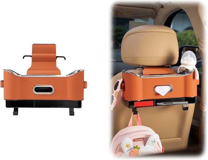 SEPSUMMER Multifunctional Car Backseat Organizer with Cup Holder, Tissue Box, Trash Bin & Hooks, 3-in-1 Back Seat Car Organizer for Hold Phones, Snacks, Drinks, and Handbags (Original Model - Orange)