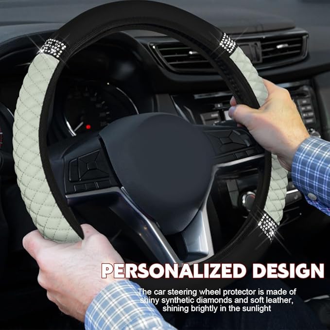 Car Steering Wheel Cover, Steering Wheel Accessories, Breathable Microfiber Leather Auto Wheels Protector, Universal 15 Inch Anti-Slip Protector for SUV Sedan Truck (Bling-White)