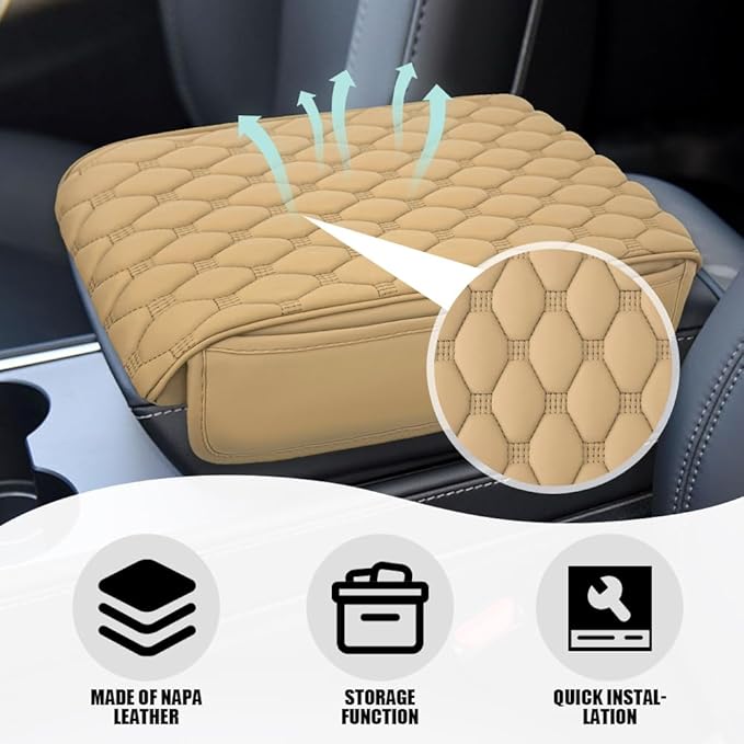 Upgraded Car Center Console Cover, Armrest Cover for Car, Waterproof Leather Auto Armrest Cover Protector with 2 Pocket, Comfortable Arm Rest Box Cushion Pad for Vehicles, Trucks (Beige)