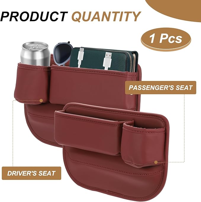 HARFINGTON Car Seat Gap Filler Organizer 11.8 x 8.3 x 2.2 Inch PU Universal Car Organizer Storage Box Between Seat and Console (Left) with Cup Holders for Phone Sunglasses Keys, Red