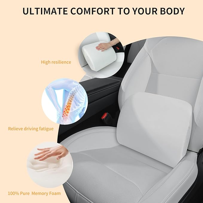 Arcoche Memory Foam Lumbar Support Pillow for Tesla Model 3 Model Y Model S/X Cybertruck Model 3 Hidden Model Y Juniper Accessories - Mid/Lower Back Support Cushion for Car Seat (White)