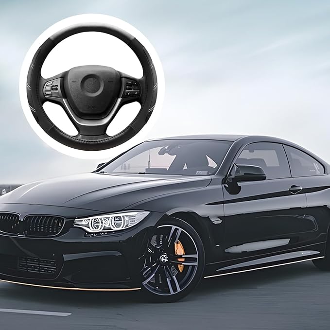 Car Steering Wheel Cover, 15 Inch Carbon Fiber Leather Non-Slip Steering Wheel Protector with Lining, Breathable Automotive Interior Accessories, Universal for SUV RV Truck (Black)