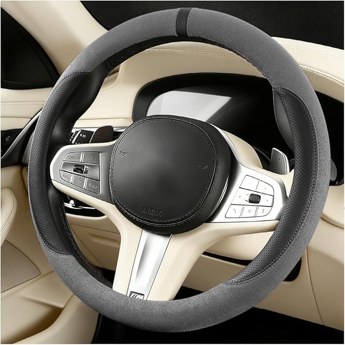 HZEL Car Steering Wheel Cover, Non-Slip Suede Leather Breathable Vehicle Steering Wheel Protector with Inner Ring, Automotive Interior Protective Accessories, Universal Fit (Light Silver Gray)