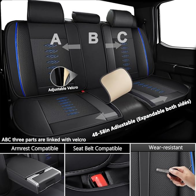 Premium Universal Car Seat Cover, Comfortable Leather Seat Cover for 96% of Models, Waterproof Car Seats Protectors Cushions for 5 Seats(Black+Blue)