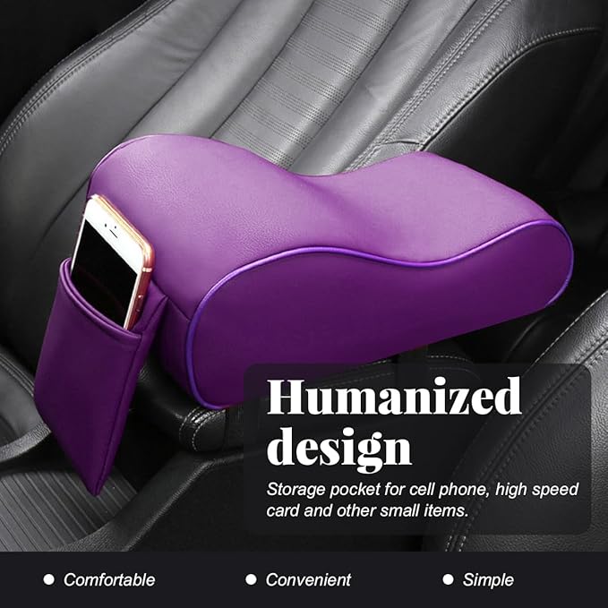 Car Center Console Cover, Soft Memory Foam Auto Arm Rest Pillow with Phone Holder Storage Bag, Waterproof Leather Armrest Seat Box Protector Comfy Cushion Pad for Most Cars (Purple)