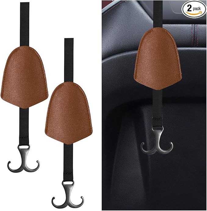 2PCS Car Seat Hooks for Headrest, Leather Car Seat Back Storage Hanger with Double Hooks, Universal Hidden Auto Organization Accessories for Purses, Bags, Umbrellas, Handbags (Brown)