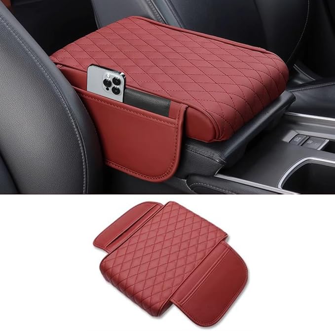 Car Center Console Armrest Cover, Leather Car Center Console Cover Cushion with 2 Storage Bags, Universal Center Console Pad Thickened Memory Foam Car Armrest Lids Storage Box (Red)