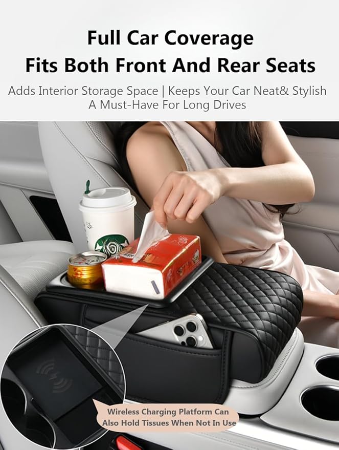 Car Armrest Pad with Built-in Induction Charging, Leather Center Console Cushion with 15W Power Pad, Dual Cup Holders, Storage Pockets - Coffee