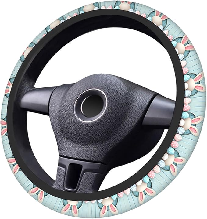 Swono Easter Universal 15" Steering Wheel Covers Easter Bunny Bottom Pink Blue Eggs Blue Wooden Cute Car Steering Wheel Cover for Men Women Girls Car Accessories