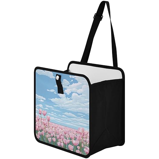 Car Trash Can Organizer Bin with Adjustable Strap for Back Front Seat Console Waterproof Leakproof Collapsible Portable 8.66 Inch Pink Tulip Field and Blue Sky