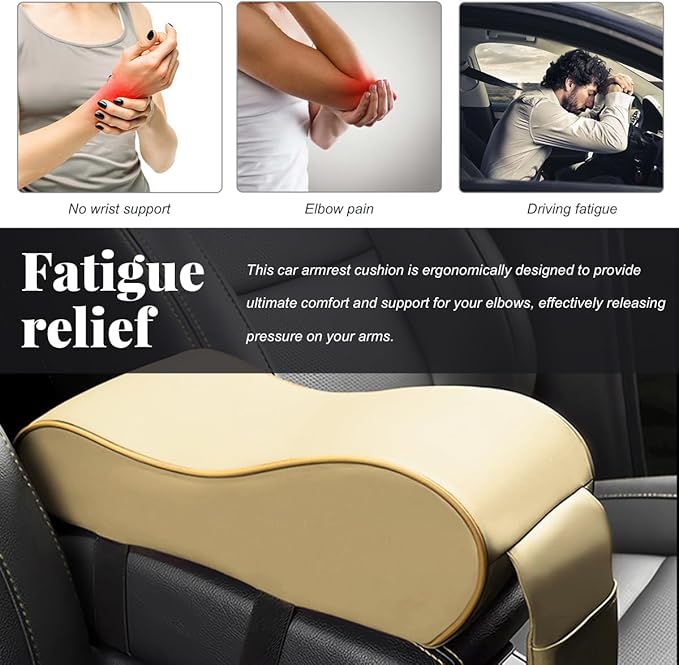 Car Center Console Cover, Soft Memory Foam Auto Arm Rest Pillow with Phone Holder Storage Bag, Waterproof Leather Armrest Seat Box Protector Comfy Cushion Pad for Most Cars (Beige)